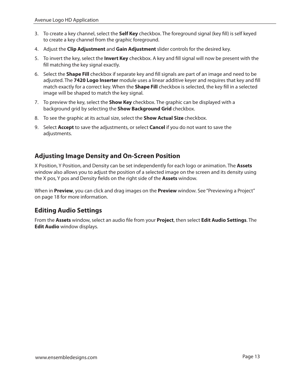 Adjusting image density and on-screen position, Editing audio settings | Ensemble Designs 7420 HD/SD Logo Inserter User Manual | Page 13 / 36
