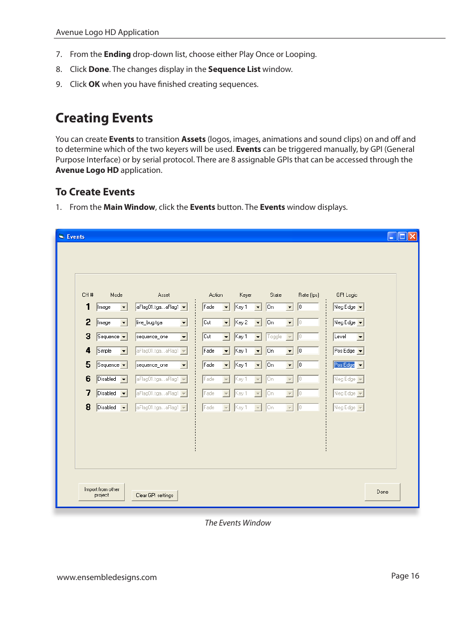 Creating events, To create events | Ensemble Designs 7420 HD/SD Logo Inserter User Manual | Page 16 / 36