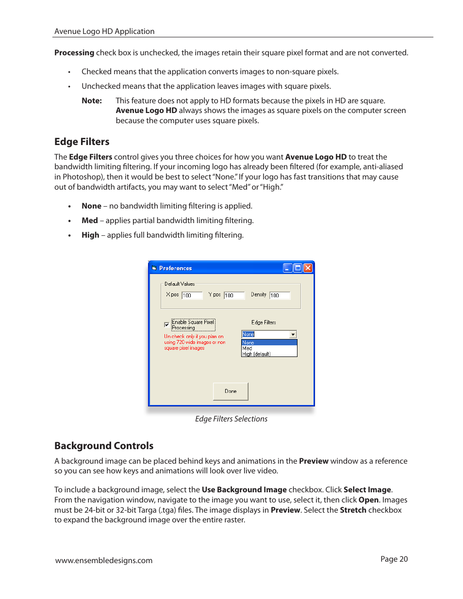 Edge filters, Background controls | Ensemble Designs 7420 HD/SD Logo Inserter User Manual | Page 20 / 36