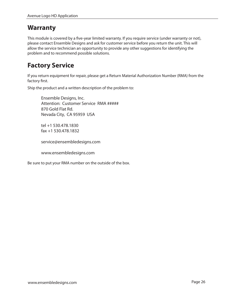 Warranty, Factory service, Warranty 26 factory service | Ensemble Designs 7420 HD/SD Logo Inserter User Manual | Page 26 / 36