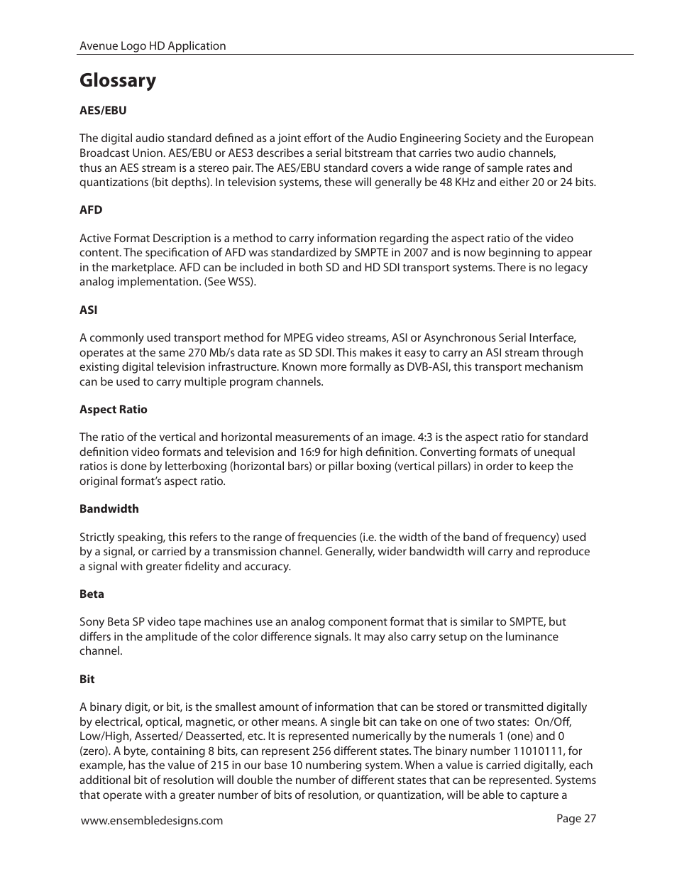 Glossary, Glossary 27 | Ensemble Designs 7420 HD/SD Logo Inserter User Manual | Page 27 / 36
