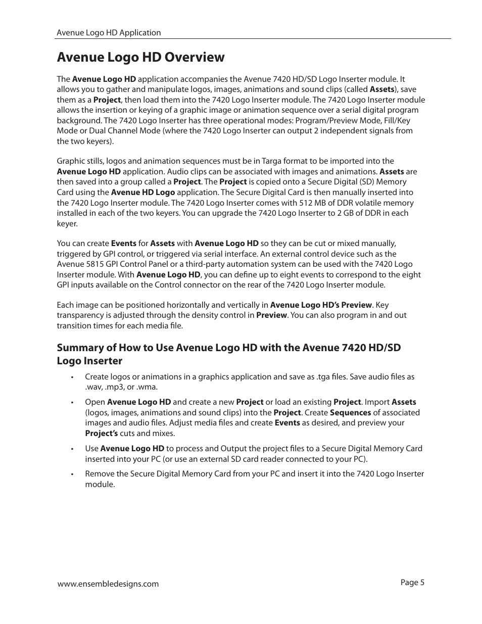 Avenue logo hd overview | Ensemble Designs 7420 HD/SD Logo Inserter User Manual | Page 5 / 36