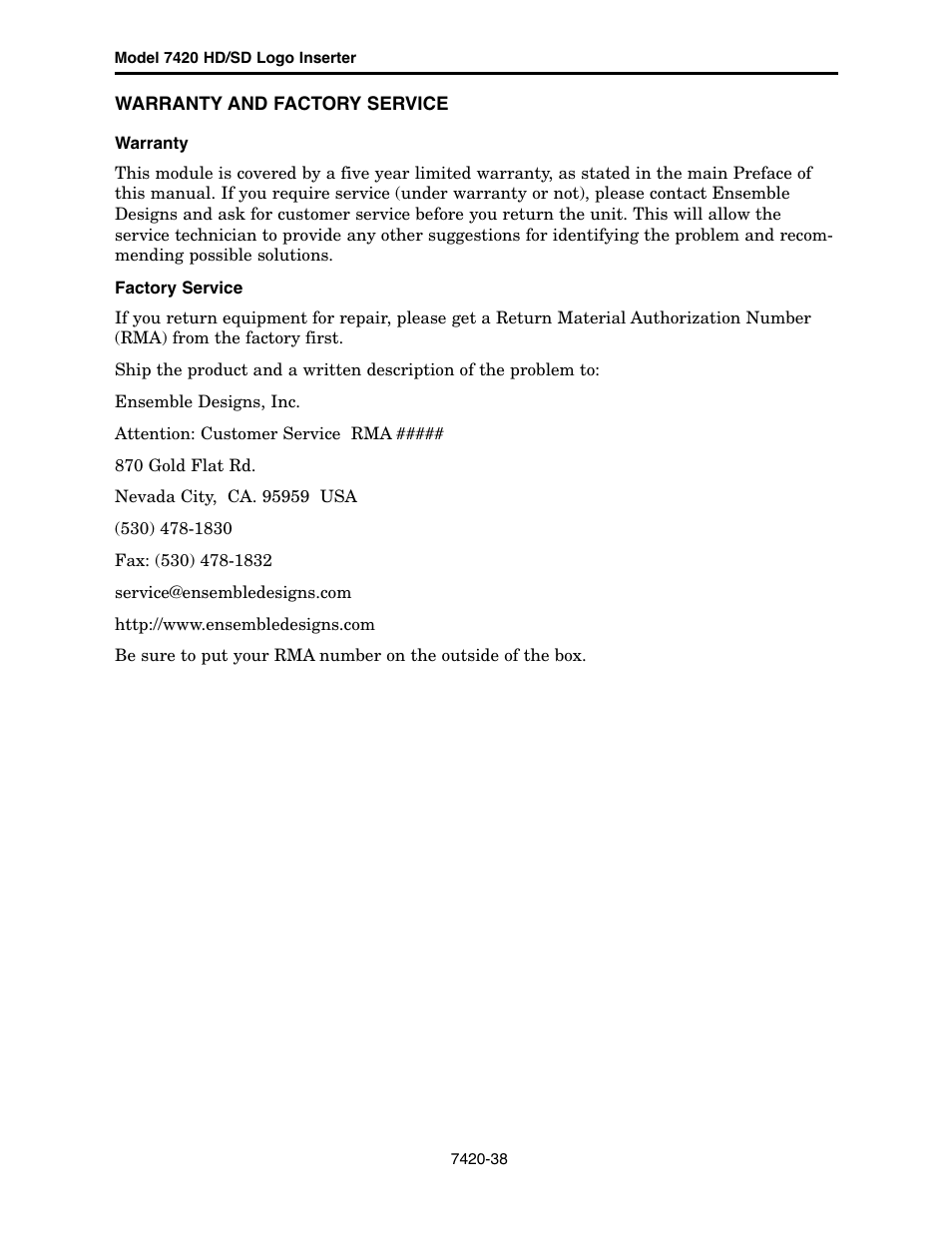 Ensemble Designs 7420 HD/SD Logo Inserter User Manual | Page 38 / 40