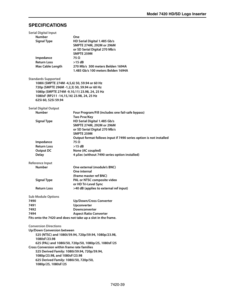 Specifications | Ensemble Designs 7420 HD/SD Logo Inserter User Manual | Page 39 / 40