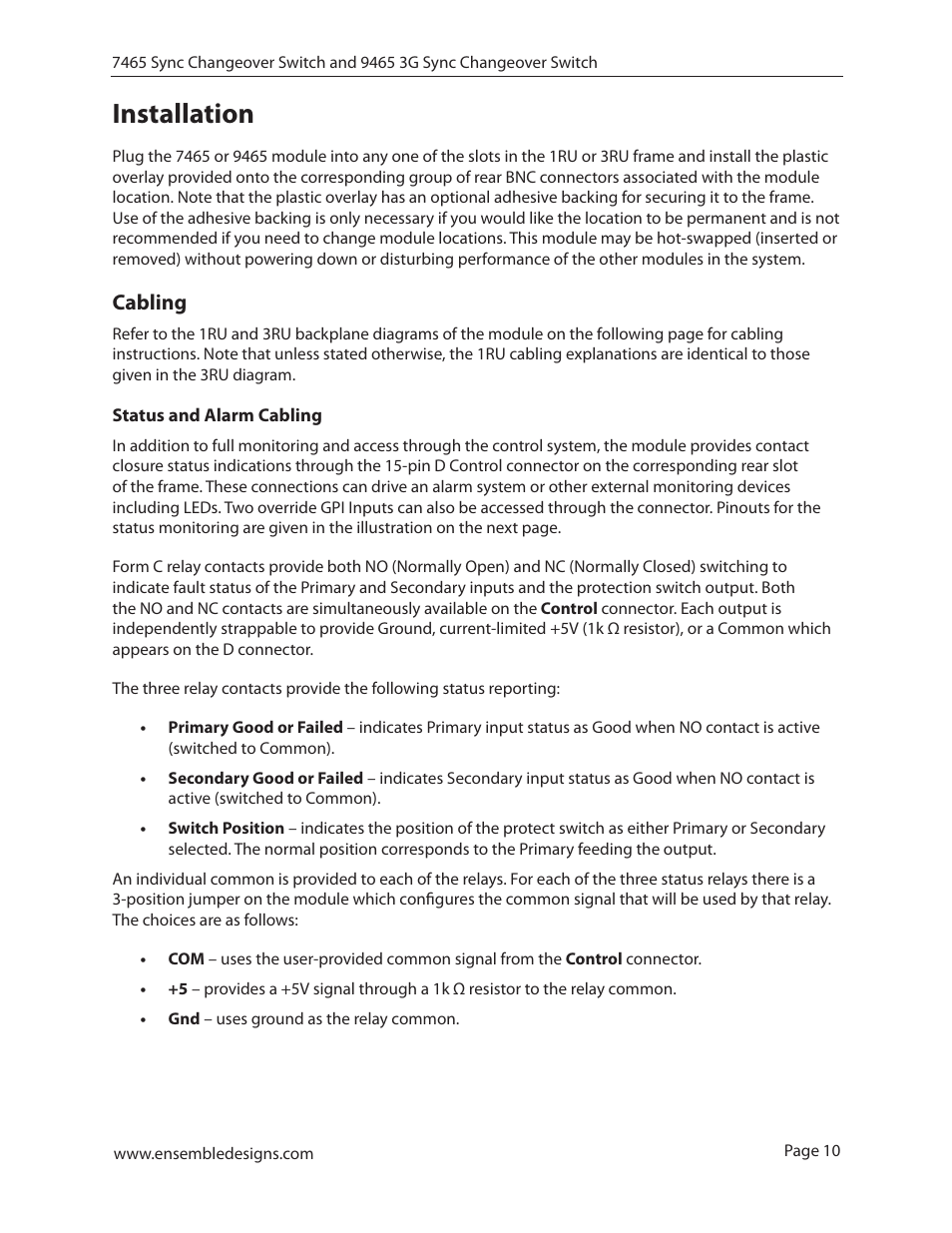 Installation, Cabling, Status and alarm cabling | Installation 10, Cabling 10 | Ensemble Designs 7465 Sync Changeover Switch User Manual | Page 10 / 38