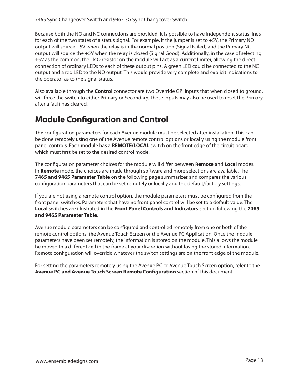 Module configuration and control | Ensemble Designs 7465 Sync Changeover Switch User Manual | Page 13 / 38