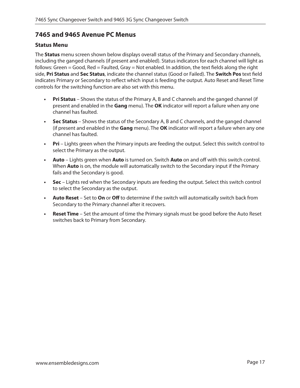 7465 and 9465 avenue pc menus, Status menu | Ensemble Designs 7465 Sync Changeover Switch User Manual | Page 17 / 38