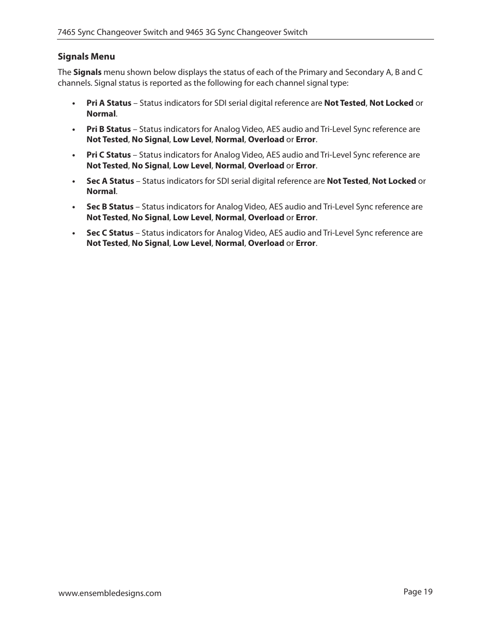 Signals menu | Ensemble Designs 7465 Sync Changeover Switch User Manual | Page 19 / 38