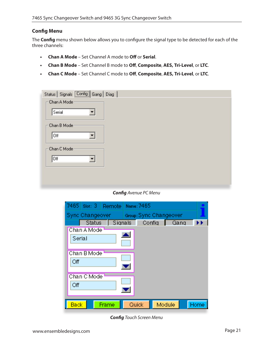 Config menu | Ensemble Designs 7465 Sync Changeover Switch User Manual | Page 21 / 38