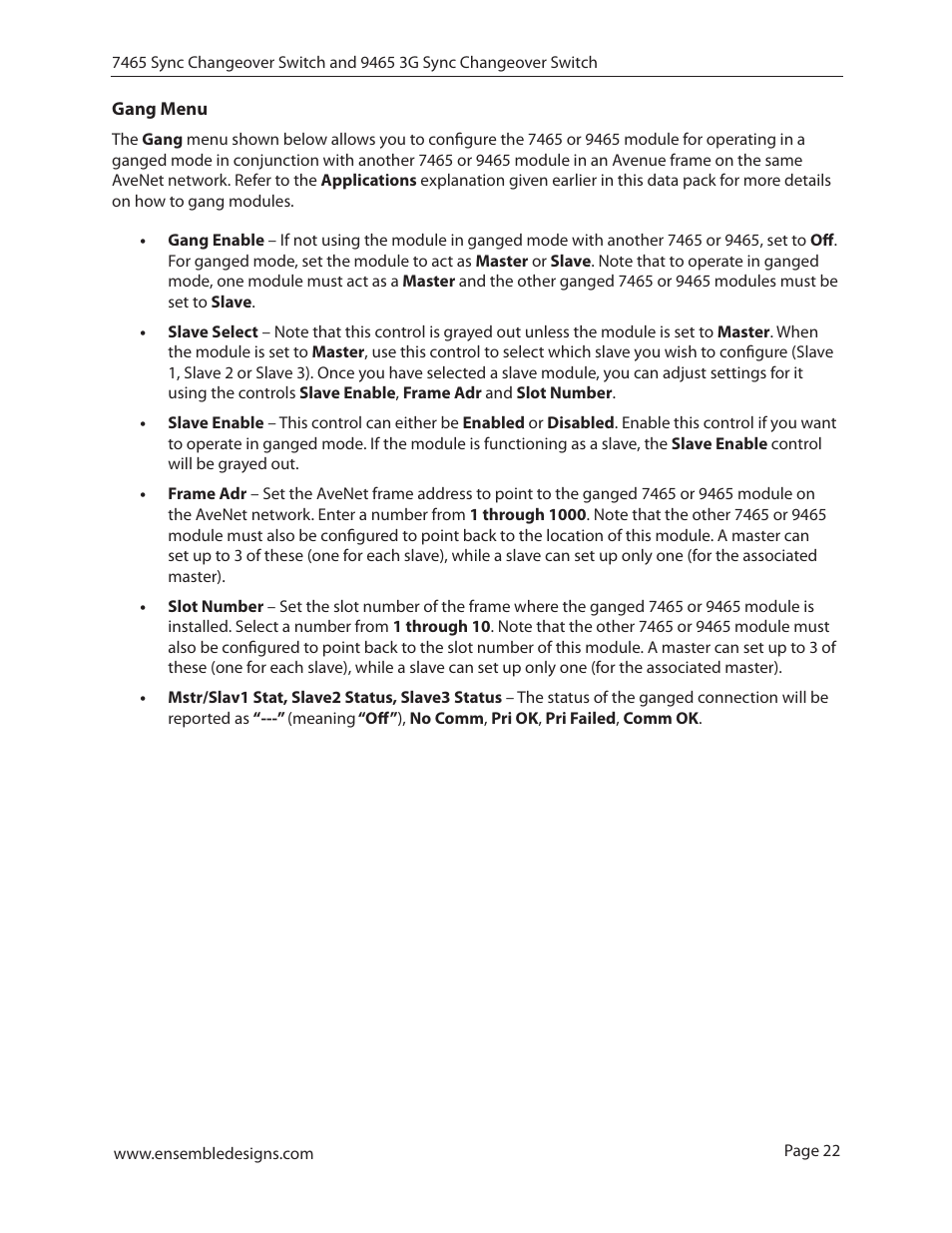 Gang menu | Ensemble Designs 7465 Sync Changeover Switch User Manual | Page 22 / 38