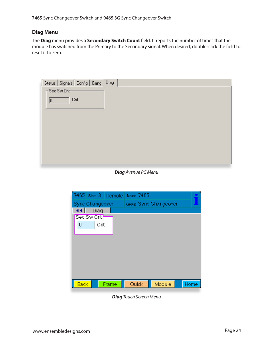 Diag menu | Ensemble Designs 7465 Sync Changeover Switch User Manual | Page 24 / 38