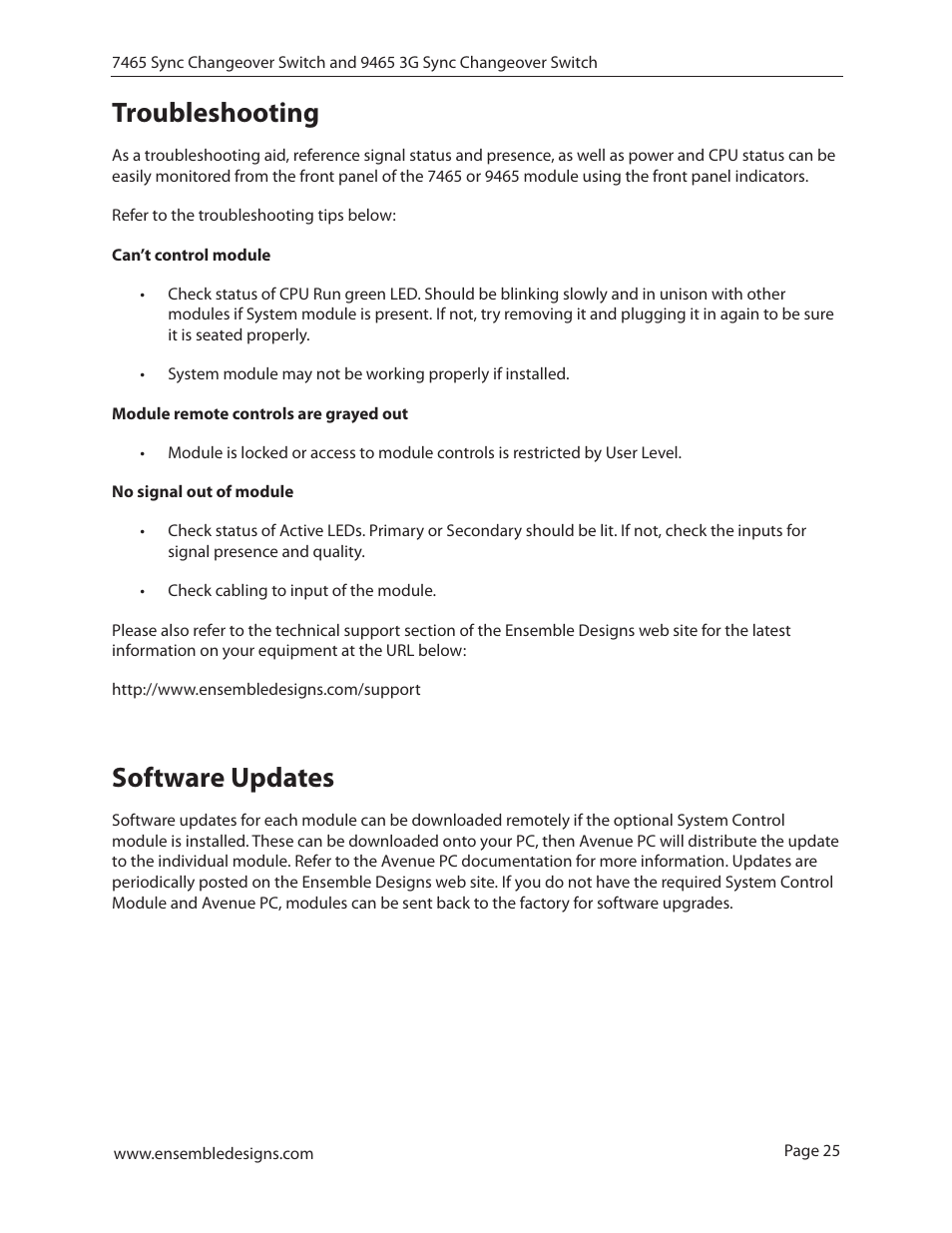 Troubleshooting, Software updates, Troubleshooting 25 software updates | Ensemble Designs 7465 Sync Changeover Switch User Manual | Page 25 / 38