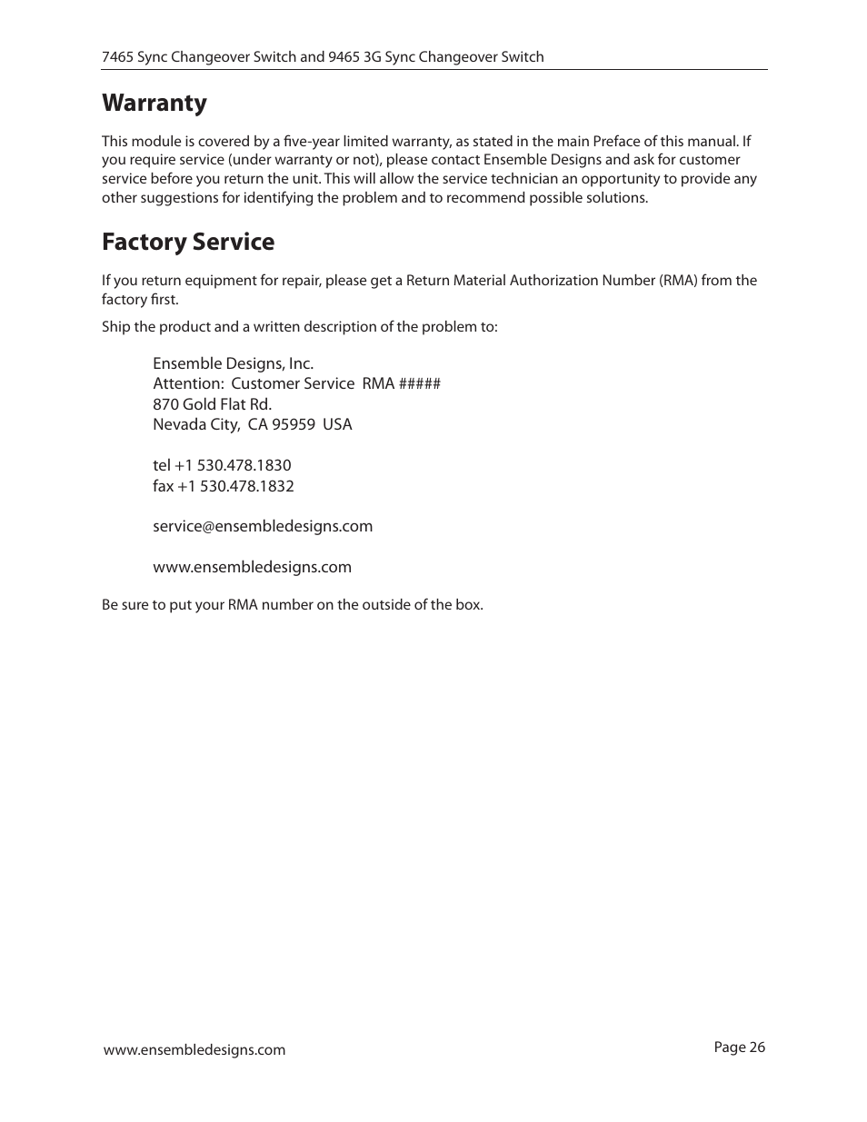 Warranty, Factory service, Warranty 26 factory service | Ensemble Designs 7465 Sync Changeover Switch User Manual | Page 26 / 38