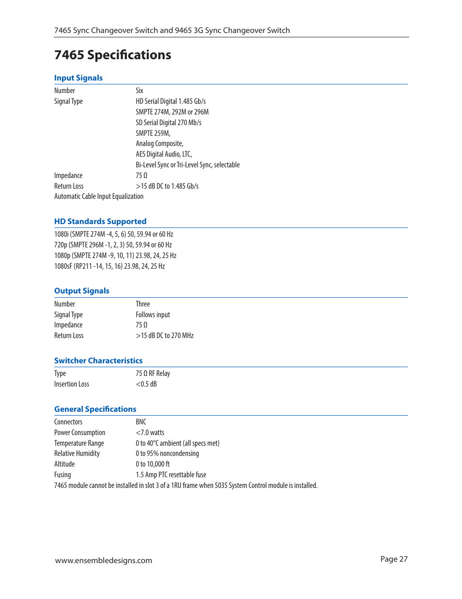 7465 specifications | Ensemble Designs 7465 Sync Changeover Switch User Manual | Page 27 / 38