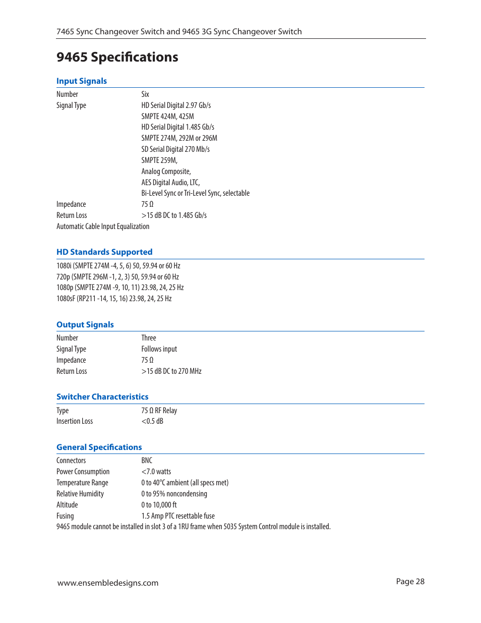 9465 specifications | Ensemble Designs 7465 Sync Changeover Switch User Manual | Page 28 / 38