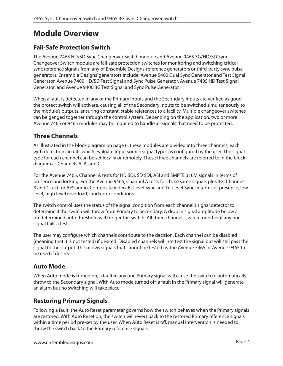 Module overview, Fail-safe protection switch, Three channels | Auto mode, Restoring primary signals | Ensemble Designs 7465 Sync Changeover Switch User Manual | Page 4 / 38