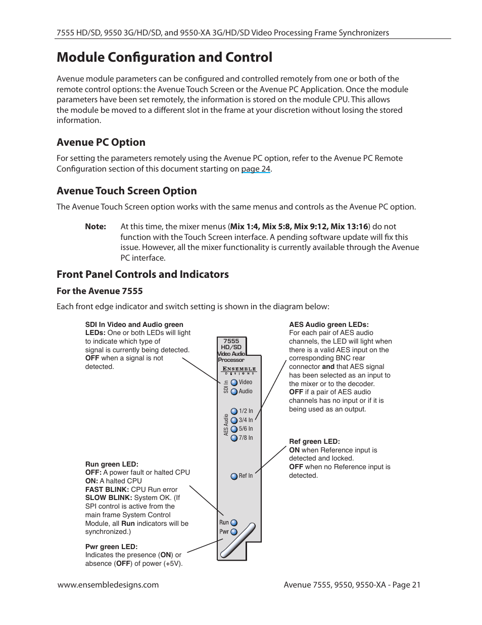 Module configuration and control, Avenue pc option, Avenue touch screen option | Front panel controls and indicators, For the avenue 7555 | Ensemble Designs 7555 HD / SD Video Processing Frame Synchronizer User Manual | Page 21 / 70