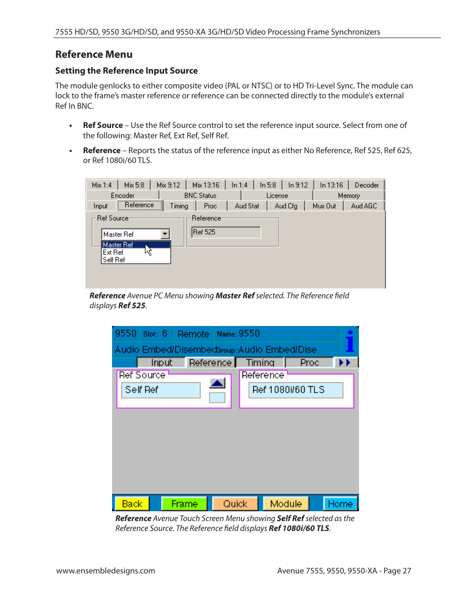 Reference menu, Setting the reference input source | Ensemble Designs 7555 HD / SD Video Processing Frame Synchronizer User Manual | Page 27 / 70