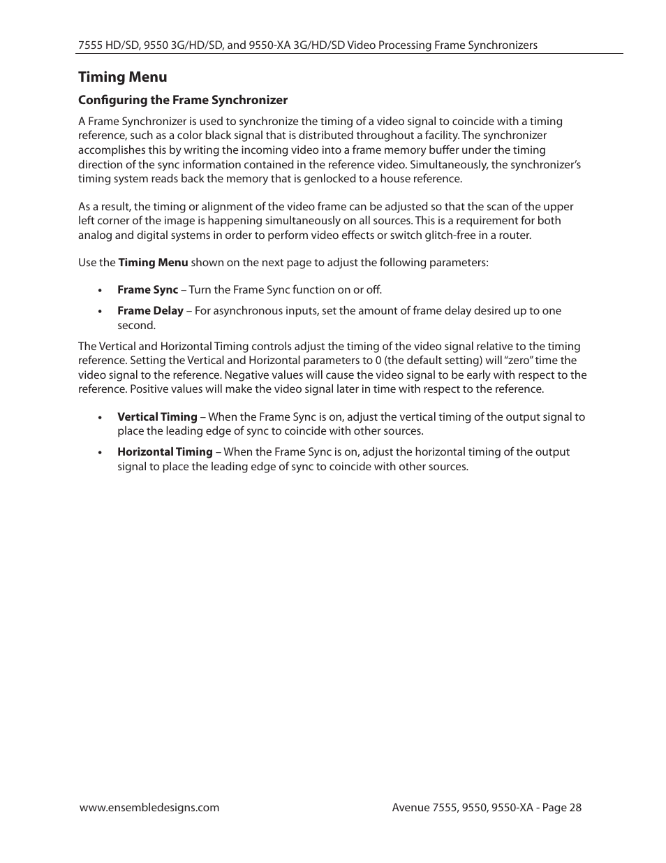 Timing menu, Configuring the frame synchronizer | Ensemble Designs 7555 HD / SD Video Processing Frame Synchronizer User Manual | Page 28 / 70