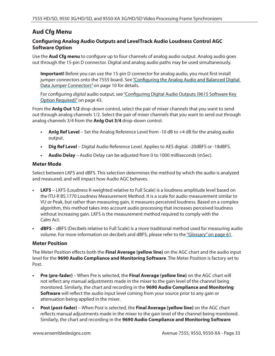 Aud cfg menu, Meter mode, Meter position | Agc software option | Ensemble Designs 7555 HD / SD Video Processing Frame Synchronizer User Manual | Page 33 / 70