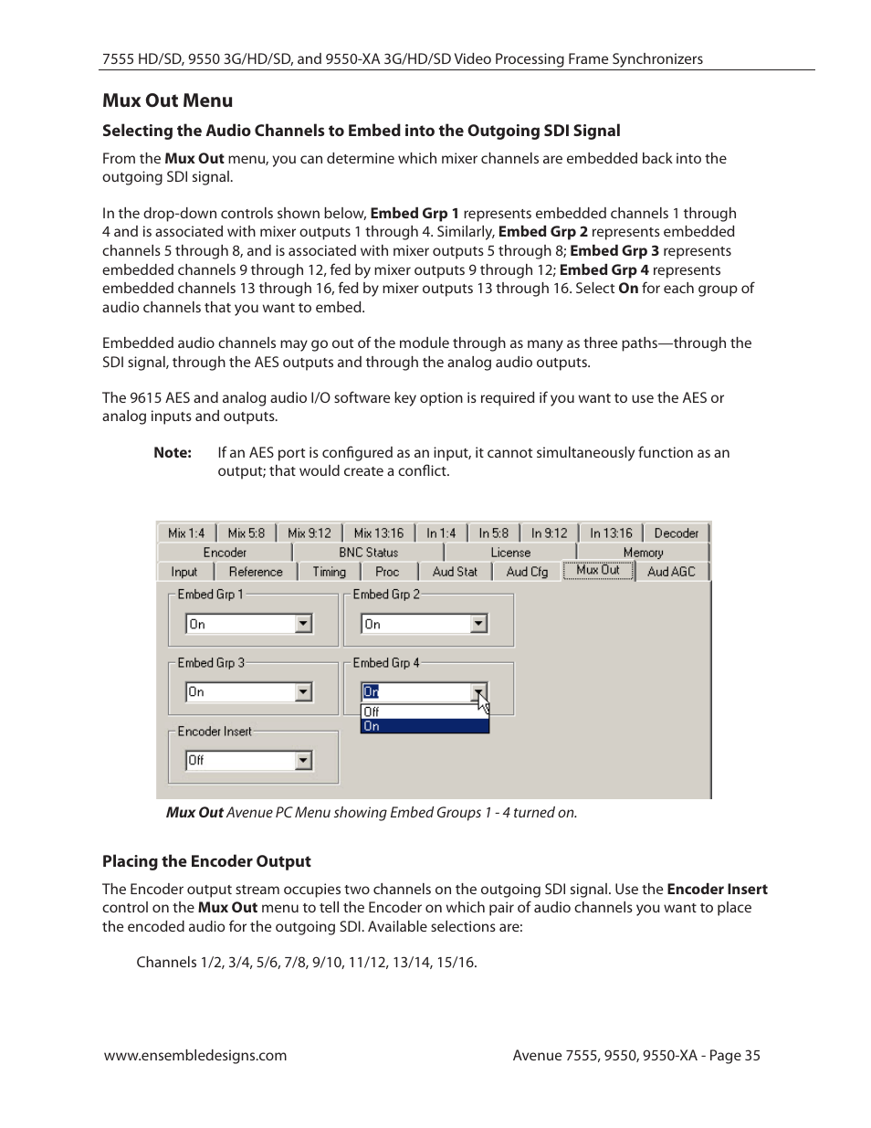 Mux out menu, Placing the encoder output | Ensemble Designs 7555 HD / SD Video Processing Frame Synchronizer User Manual | Page 35 / 70