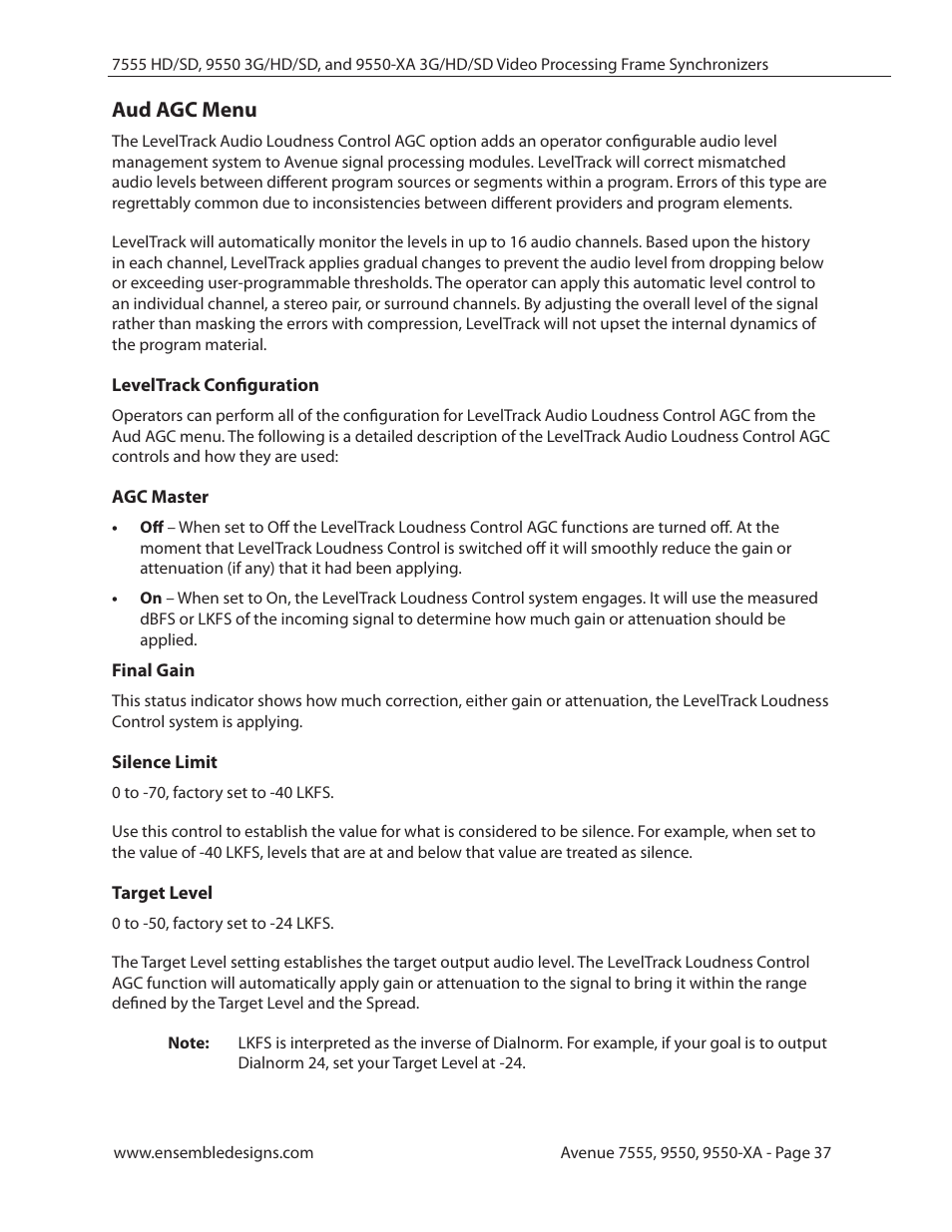 Aud agc menu, Leveltrack configuration, Agc master | Final gain, Silence limit, Target level | Ensemble Designs 7555 HD / SD Video Processing Frame Synchronizer User Manual | Page 37 / 70