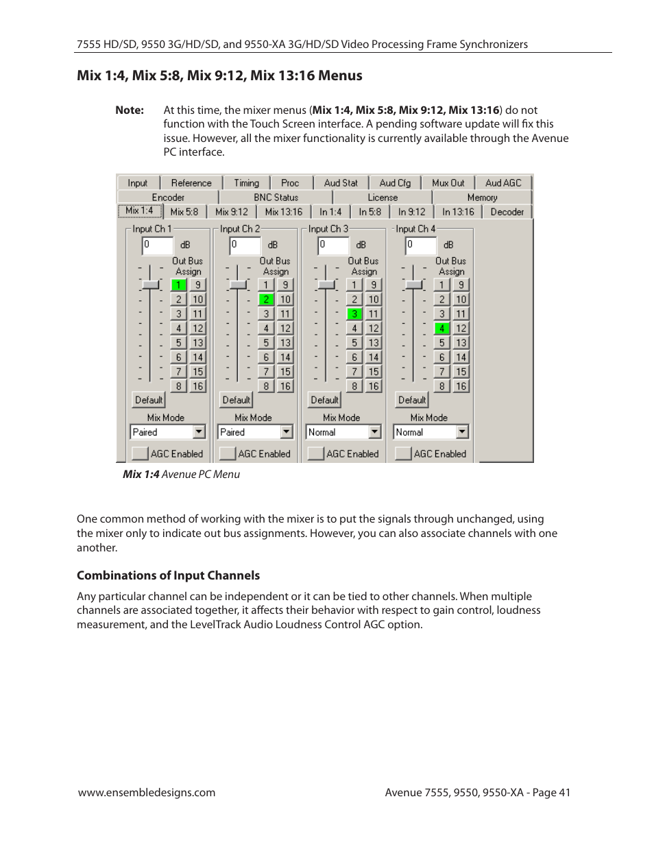 Mix 1:4, mix 5:8, mix 9:12, mix 13:16 menus, Combinations of input channels | Ensemble Designs 7555 HD / SD Video Processing Frame Synchronizer User Manual | Page 41 / 70
