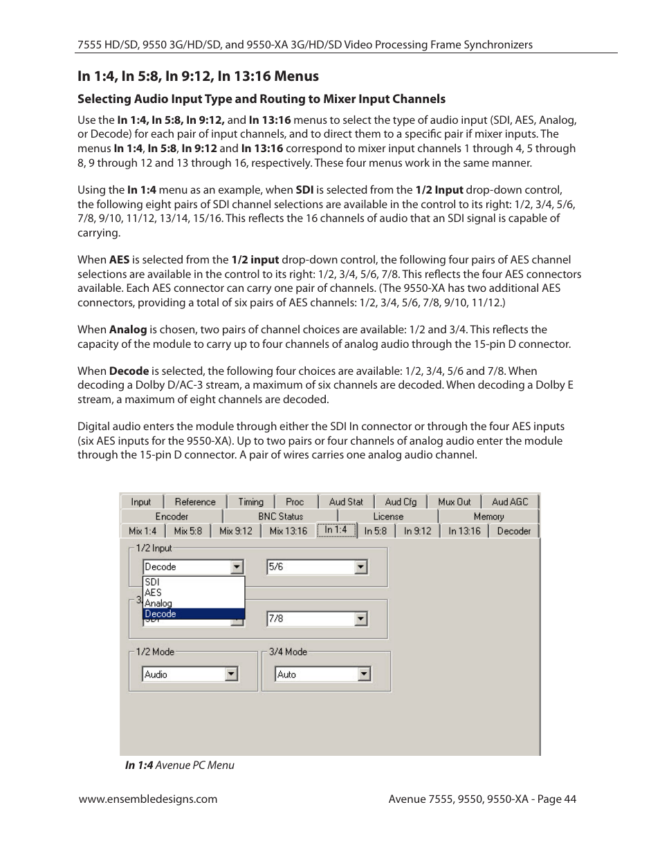 In 1:4, in 5:8, in 9:12, in 13:16 menus | Ensemble Designs 7555 HD / SD Video Processing Frame Synchronizer User Manual | Page 44 / 70