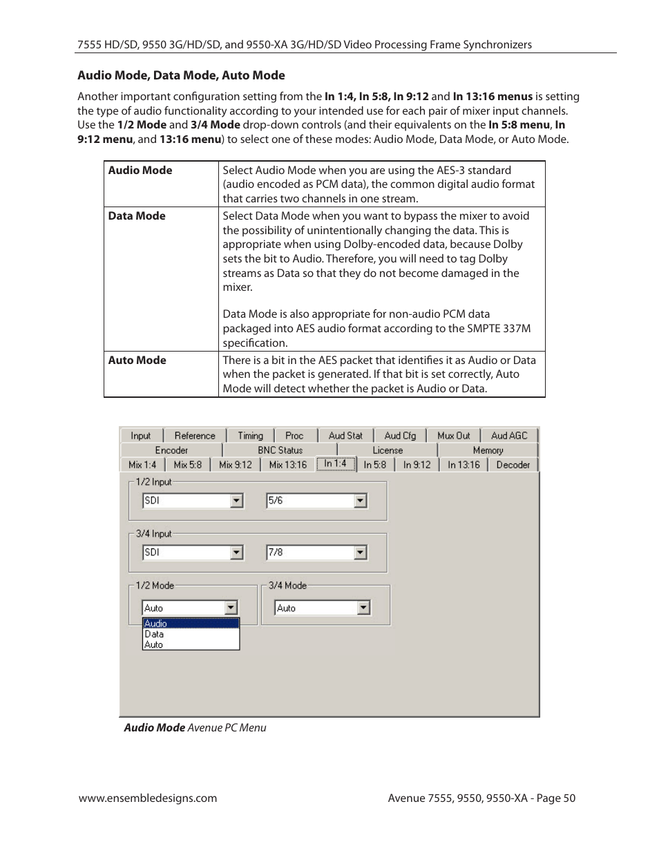 Audio mode, data mode, auto mode | Ensemble Designs 7555 HD / SD Video Processing Frame Synchronizer User Manual | Page 50 / 70