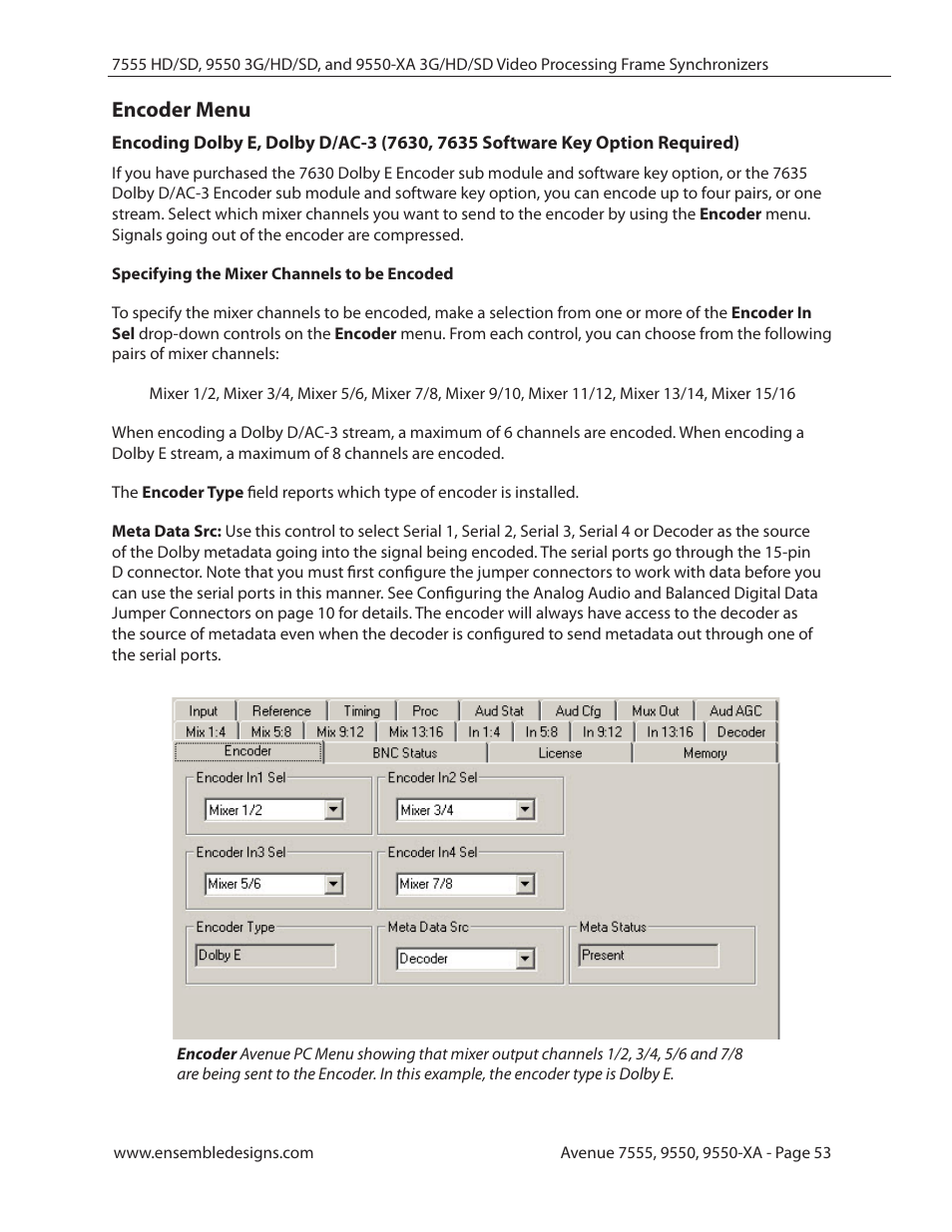 Encoder menu | Ensemble Designs 7555 HD / SD Video Processing Frame Synchronizer User Manual | Page 53 / 70