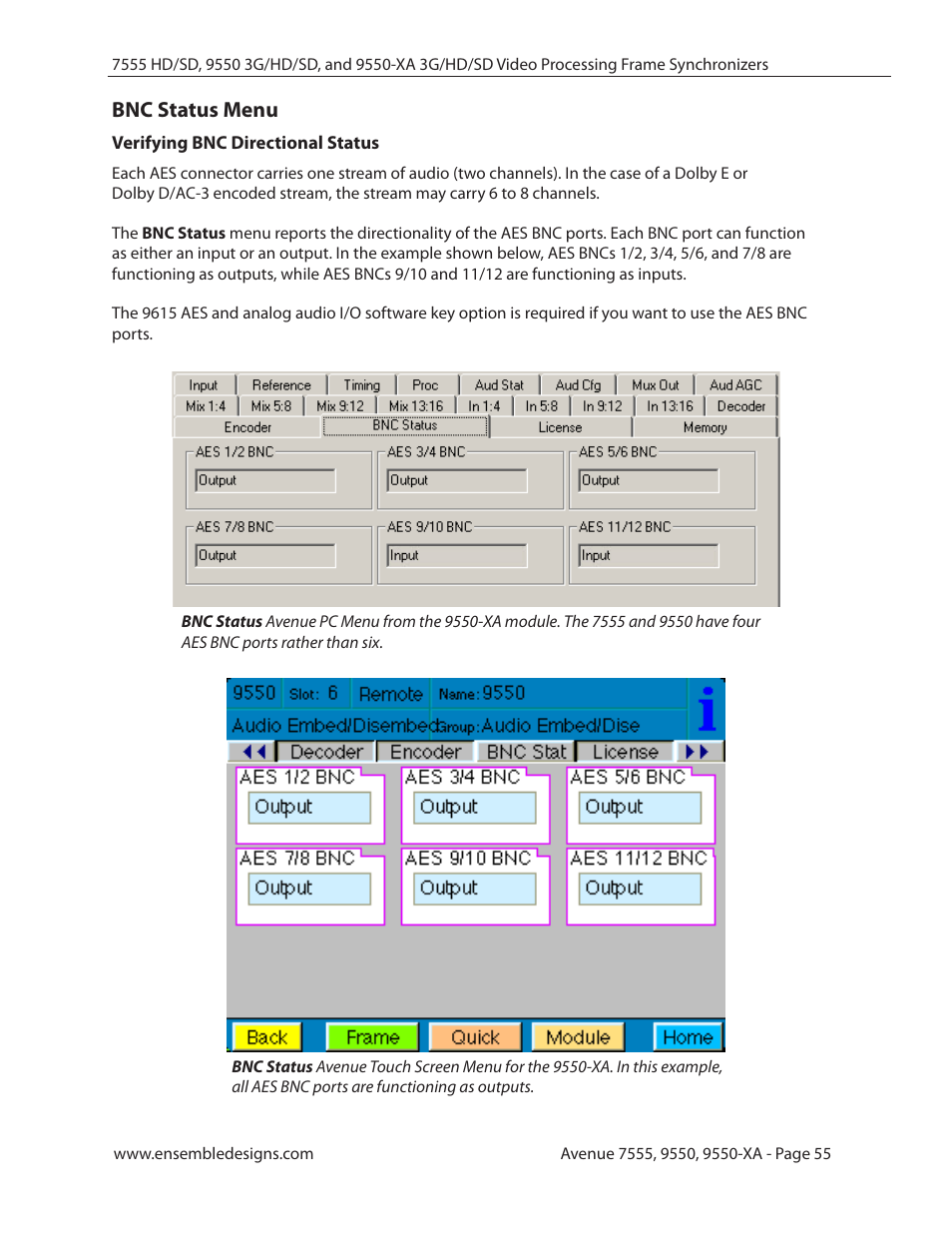 Bnc status menu, Verifying bnc directional status | Ensemble Designs 7555 HD / SD Video Processing Frame Synchronizer User Manual | Page 55 / 70