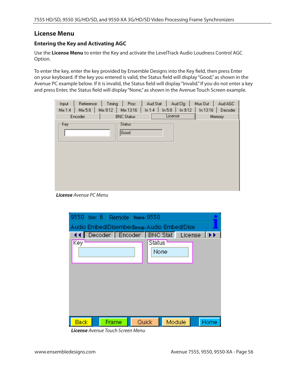 License menu, Entering the key and activating agc | Ensemble Designs 7555 HD / SD Video Processing Frame Synchronizer User Manual | Page 56 / 70
