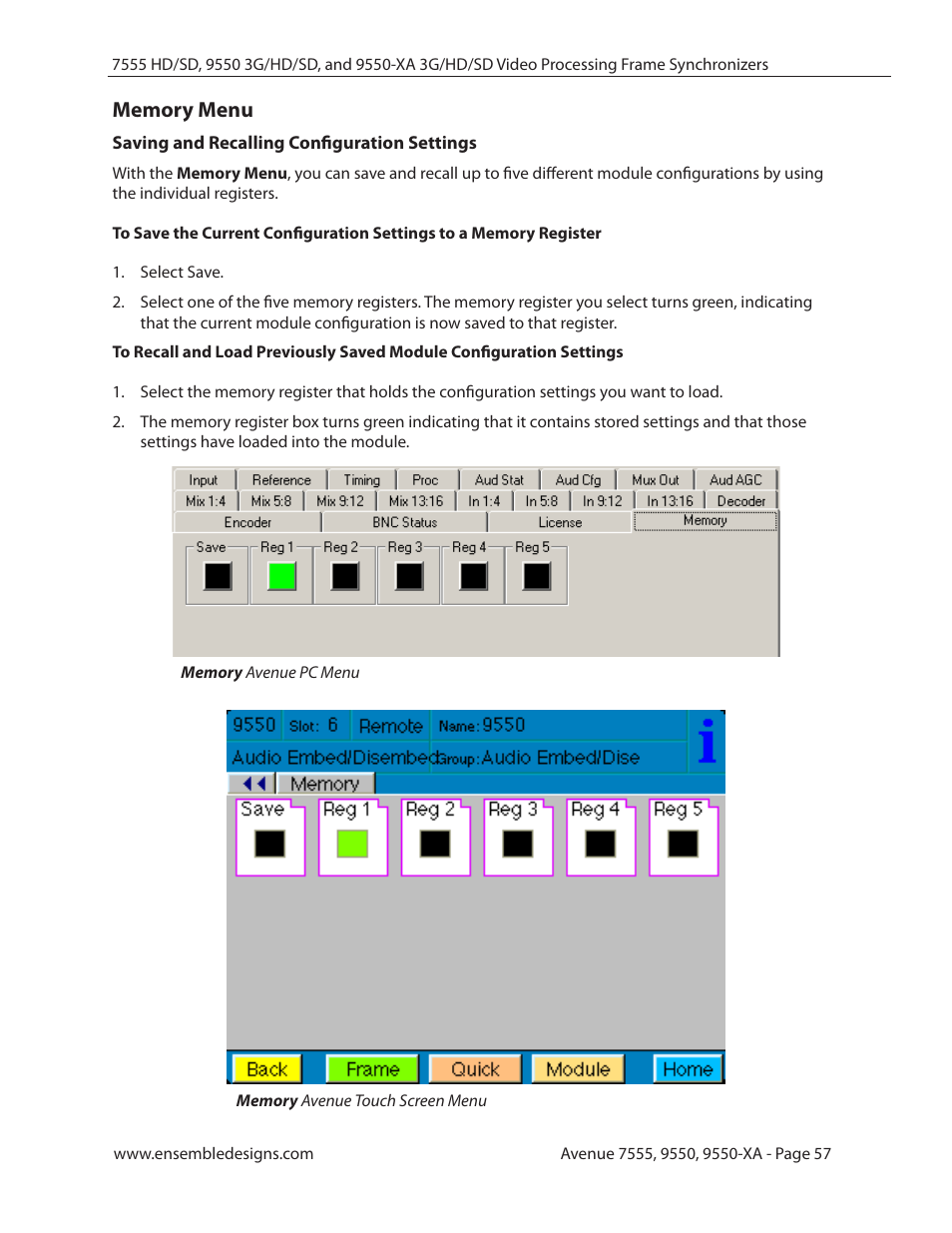 Memory menu, Saving and recalling configuration settings | Ensemble Designs 7555 HD / SD Video Processing Frame Synchronizer User Manual | Page 57 / 70