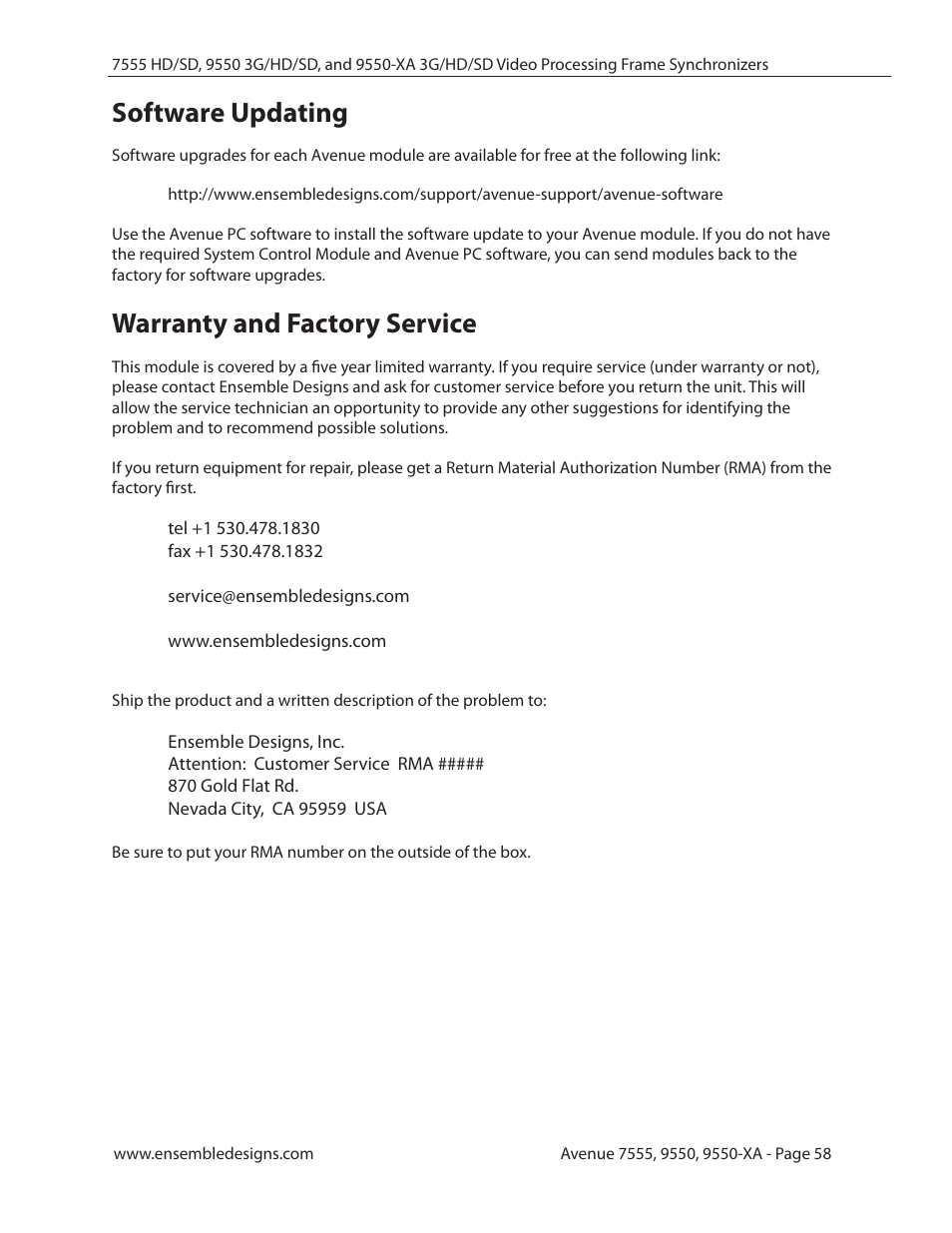 Software updating, Warranty and factory service | Ensemble Designs 7555 HD / SD Video Processing Frame Synchronizer User Manual | Page 58 / 70