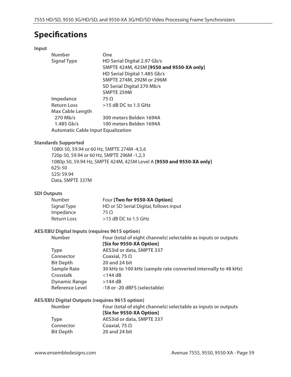 Specifications, Specifications 59 | Ensemble Designs 7555 HD / SD Video Processing Frame Synchronizer User Manual | Page 59 / 70