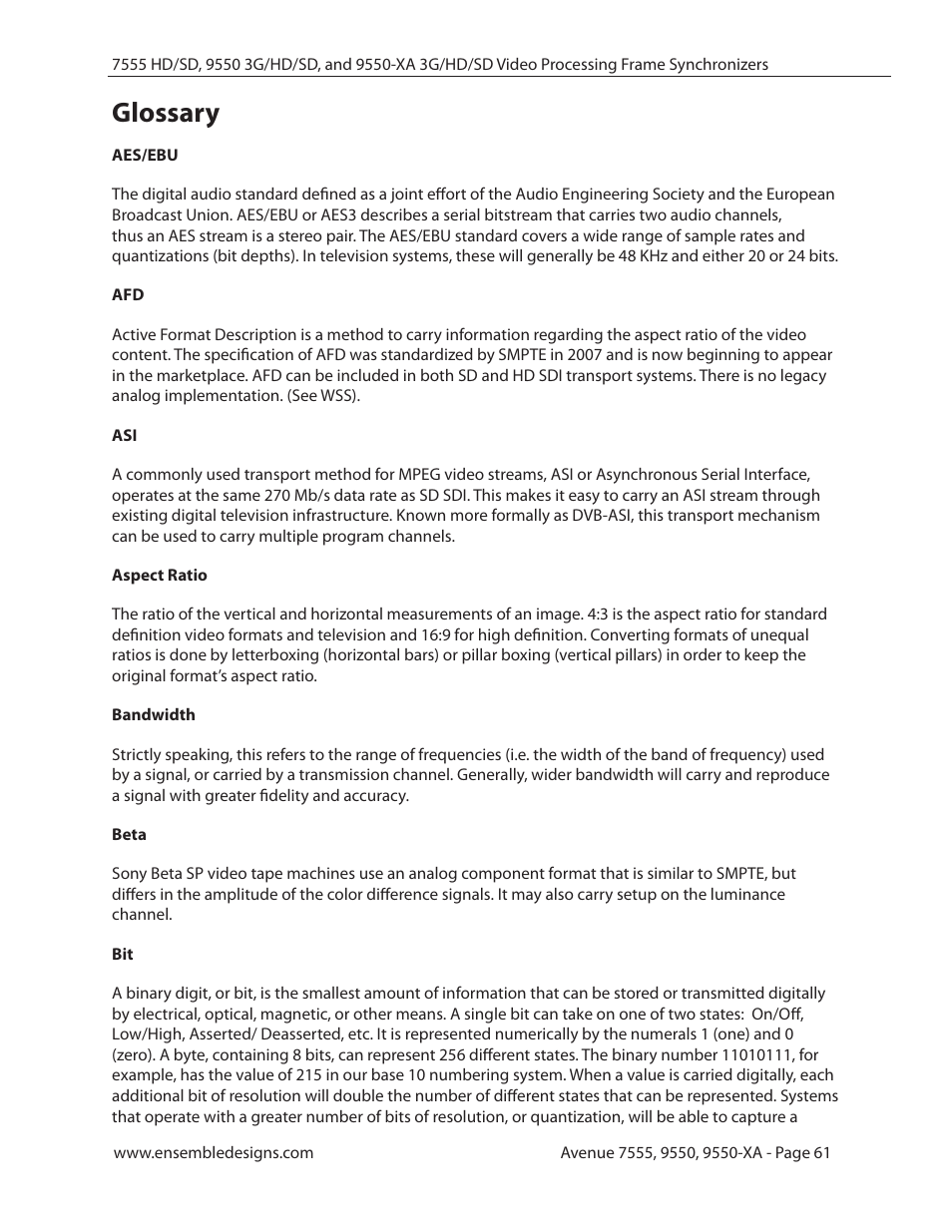 Glossary, Glossary 61 | Ensemble Designs 7555 HD / SD Video Processing Frame Synchronizer User Manual | Page 61 / 70