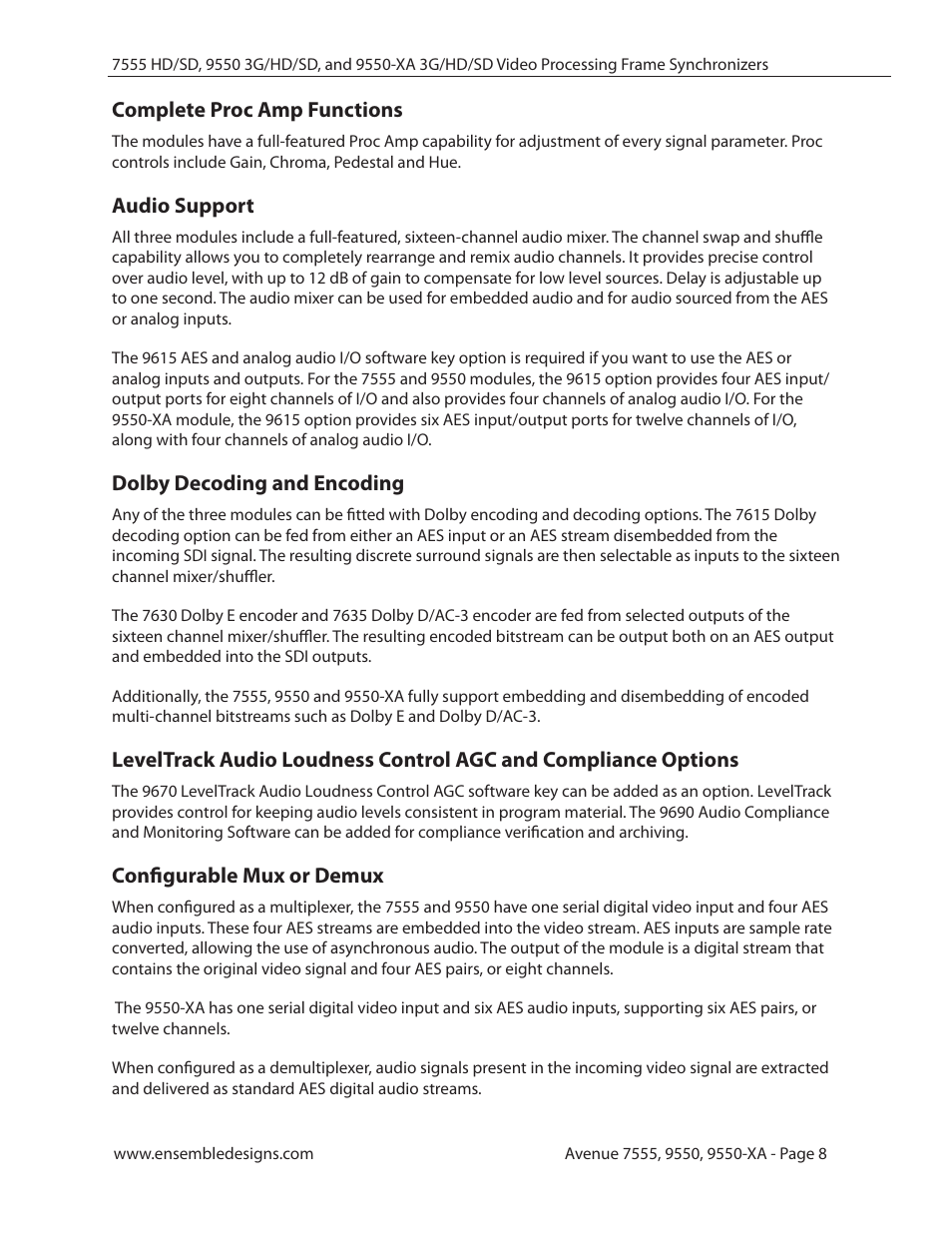 Complete proc amp functions, Audio support, Dolby decoding and encoding | Configurable mux or demux | Ensemble Designs 7555 HD / SD Video Processing Frame Synchronizer User Manual | Page 8 / 70