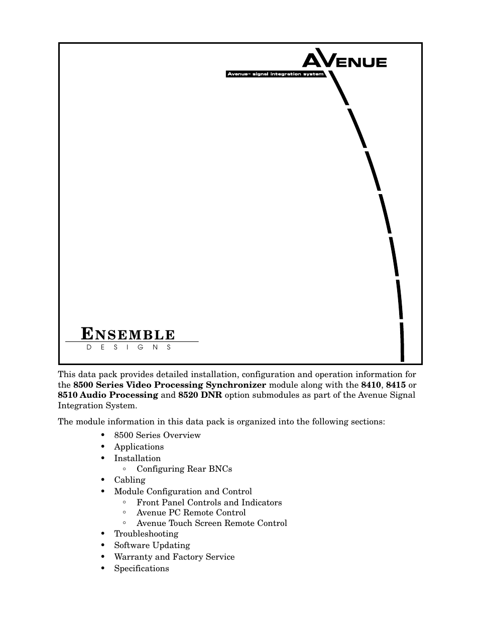Ensemble Designs 8500 Composite / SD Legalizer and Video Processing Frame Sync User Manual | 76 pages