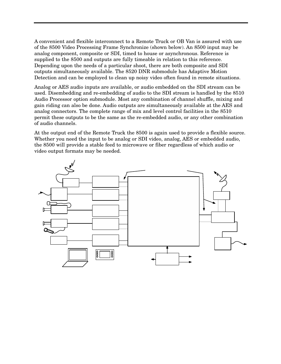 Remote truck/ob van operation, Model 8500 series modules, Video and audio production equipment | Remote truck/ob van application | Ensemble Designs 8500 Composite / SD Legalizer and Video Processing Frame Sync User Manual | Page 9 / 76