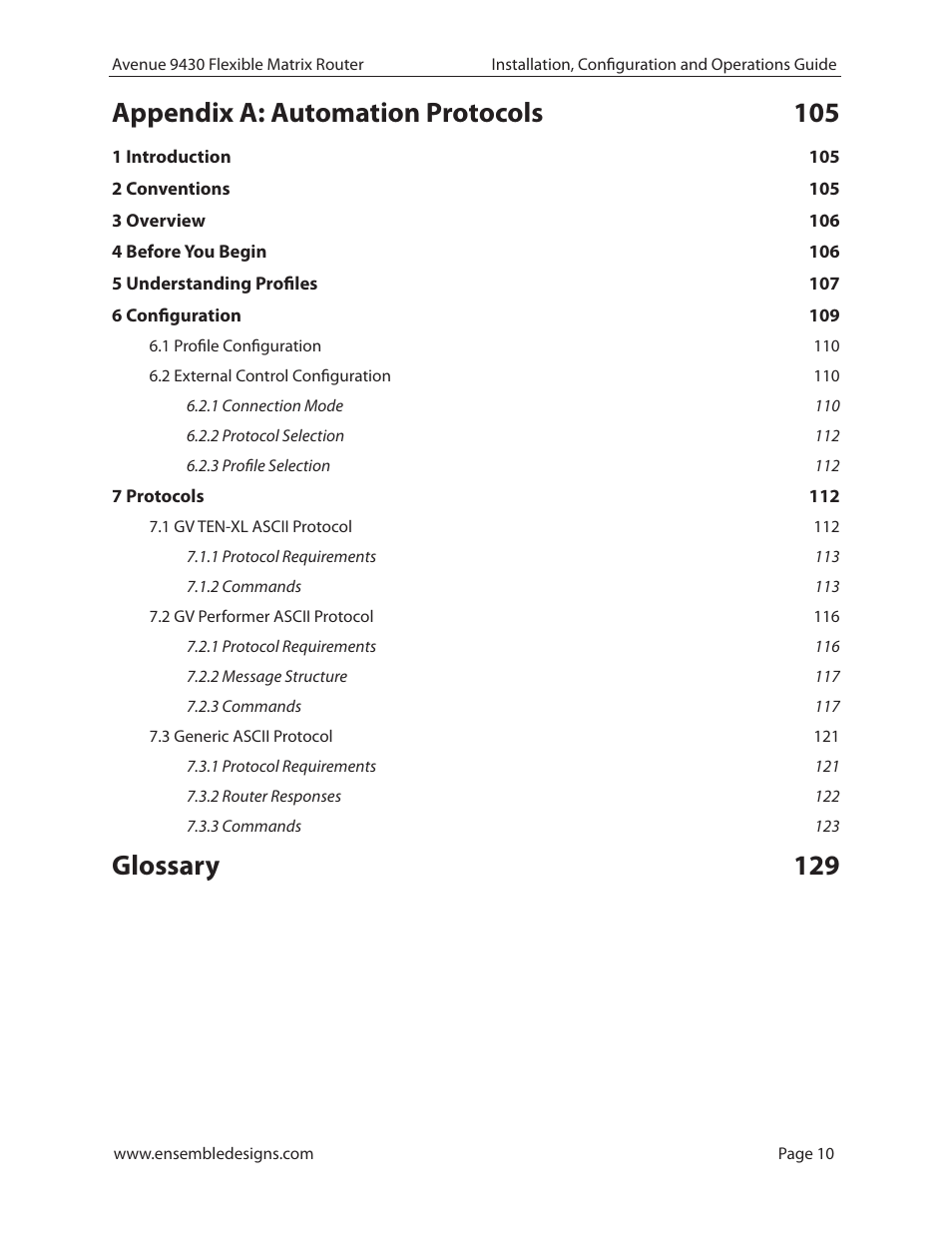 Appendix a: automation protocols 105, Glossary 129 | Ensemble Designs 9430 Flexible Matrix Router for 3G / HD / SD / ASI User Manual | Page 10 / 138