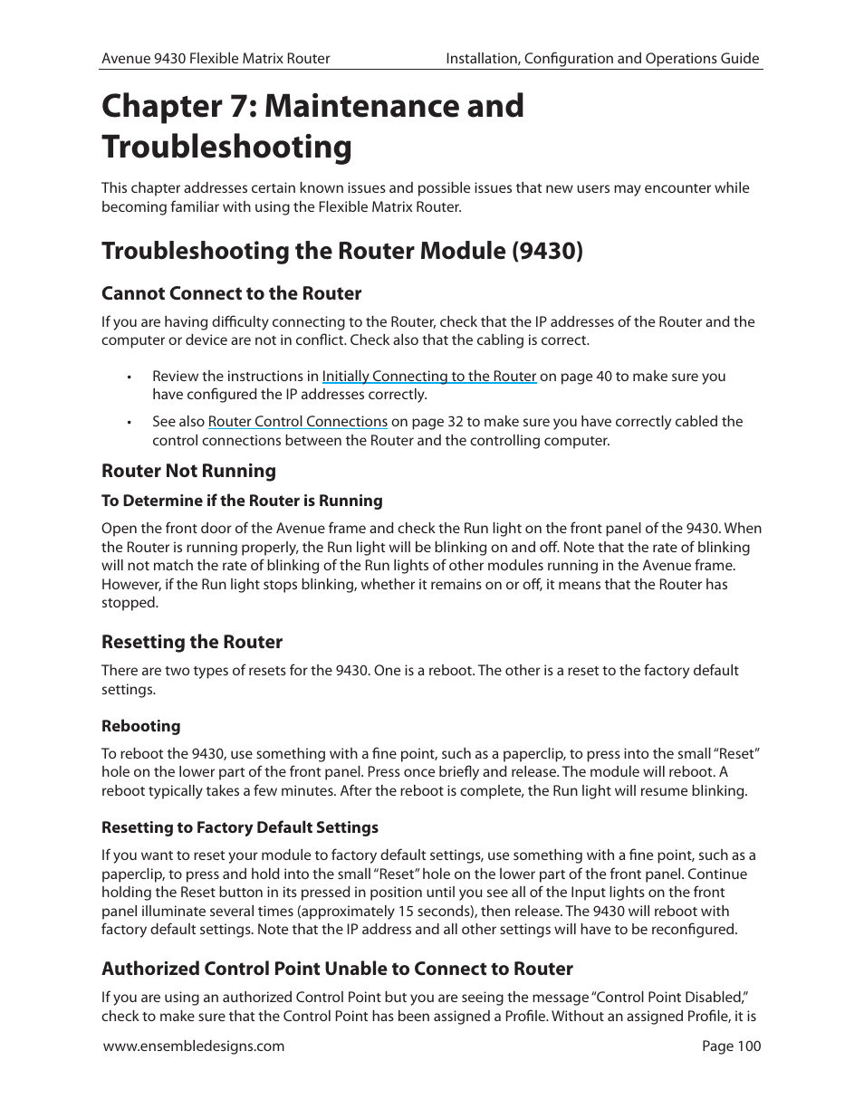Chapter 7: maintenance and troubleshooting, Troubleshooting the router module (9430), Cannot connect to the router | Router not running, To determine if the router is running, Resetting the router, Rebooting, Resetting to factory default settings | Ensemble Designs 9430 Flexible Matrix Router for 3G / HD / SD / ASI User Manual | Page 100 / 138