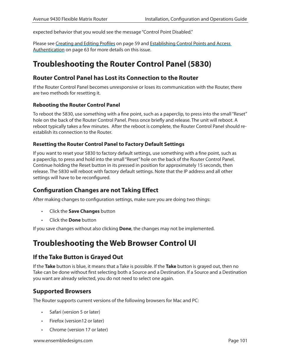 Troubleshooting the router control panel (5830), Rebooting the router control panel, Configuration changes are not taking effect | Troubleshooting the web browser control ui, If the take button is grayed out, Supported browsers | Ensemble Designs 9430 Flexible Matrix Router for 3G / HD / SD / ASI User Manual | Page 101 / 138