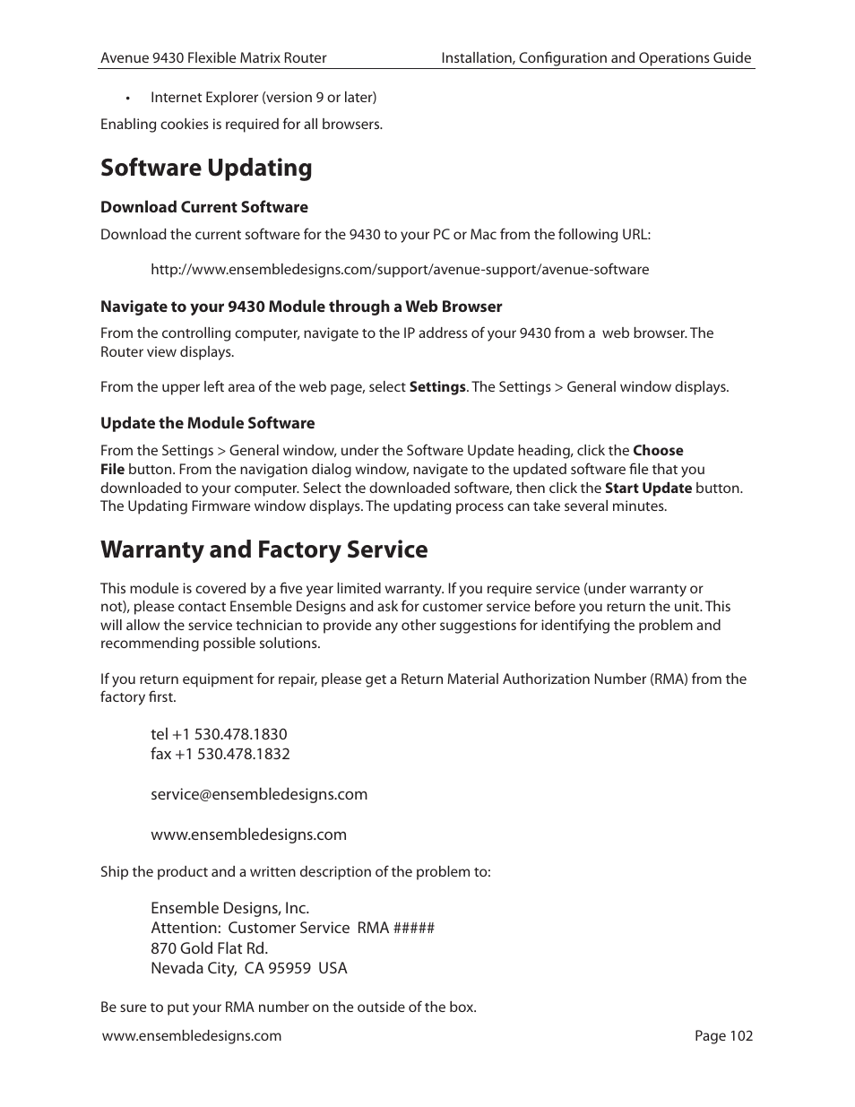 Software updating, Warranty and factory service | Ensemble Designs 9430 Flexible Matrix Router for 3G / HD / SD / ASI User Manual | Page 102 / 138