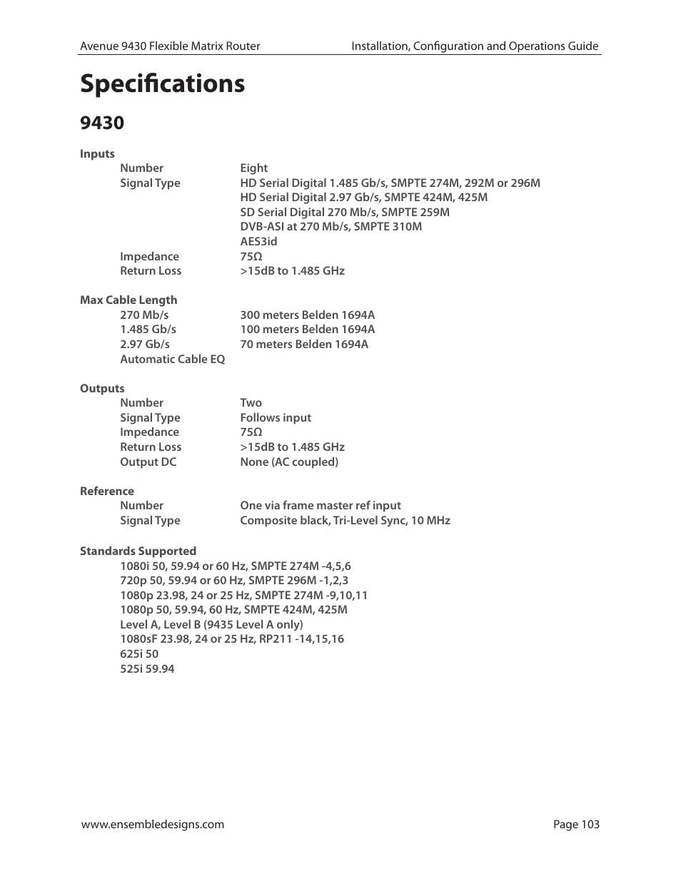 Specifications, Specifications 103 | Ensemble Designs 9430 Flexible Matrix Router for 3G / HD / SD / ASI User Manual | Page 103 / 138