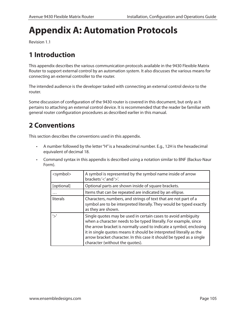 Appendix a: automation protocols, 1 introduction, 2 conventions | Ensemble Designs 9430 Flexible Matrix Router for 3G / HD / SD / ASI User Manual | Page 105 / 138