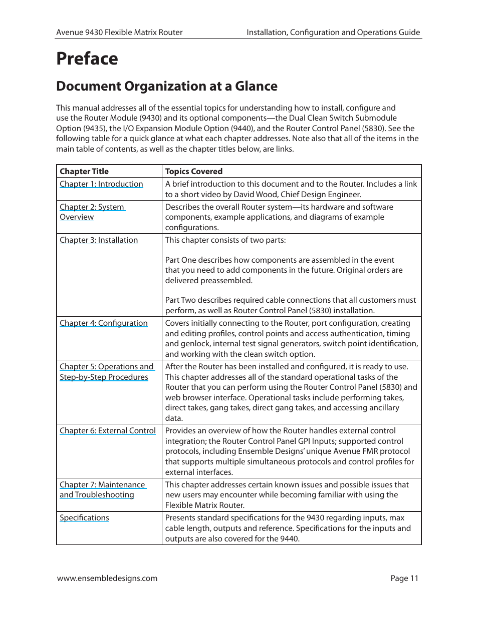 Preface, Document organization at a glance, Preface 11 | Ensemble Designs 9430 Flexible Matrix Router for 3G / HD / SD / ASI User Manual | Page 11 / 138