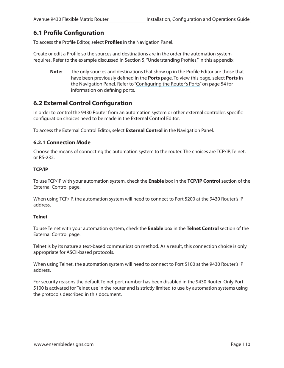 1 profile configuration, 2 external control configuration, 1 connection mode | Ensemble Designs 9430 Flexible Matrix Router for 3G / HD / SD / ASI User Manual | Page 110 / 138