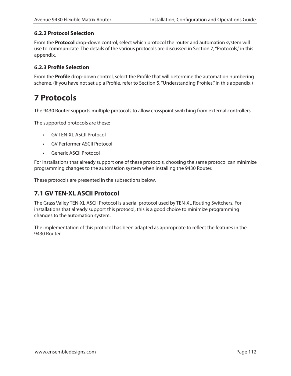 2 protocol selection, 3 profile selection, 7 protocols | 1 gv ten-xl ascii protocol | Ensemble Designs 9430 Flexible Matrix Router for 3G / HD / SD / ASI User Manual | Page 112 / 138