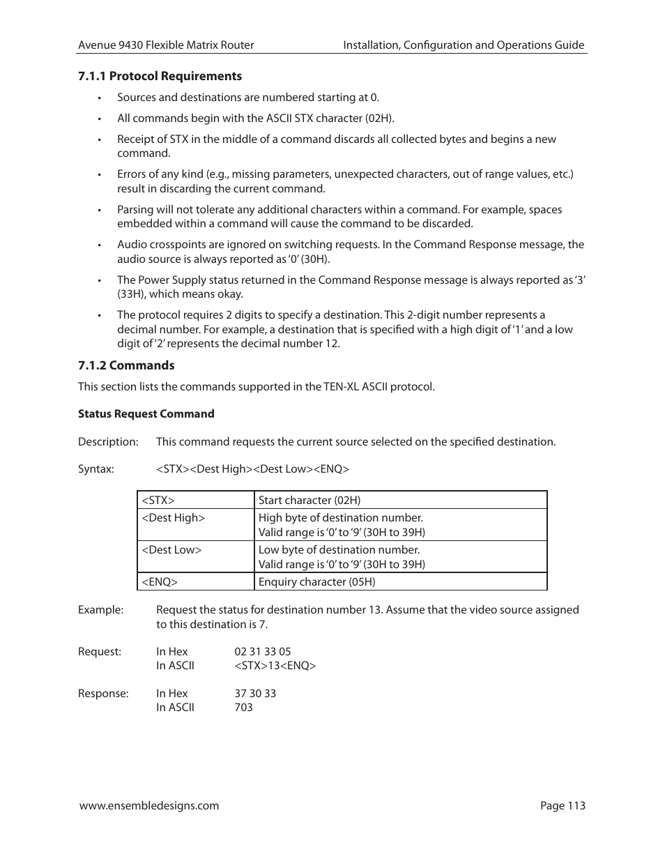 1 protocol requirements, 2 commands | Ensemble Designs 9430 Flexible Matrix Router for 3G / HD / SD / ASI User Manual | Page 113 / 138