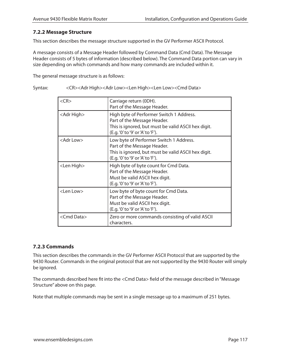 2 message structure, 3 commands | Ensemble Designs 9430 Flexible Matrix Router for 3G / HD / SD / ASI User Manual | Page 117 / 138